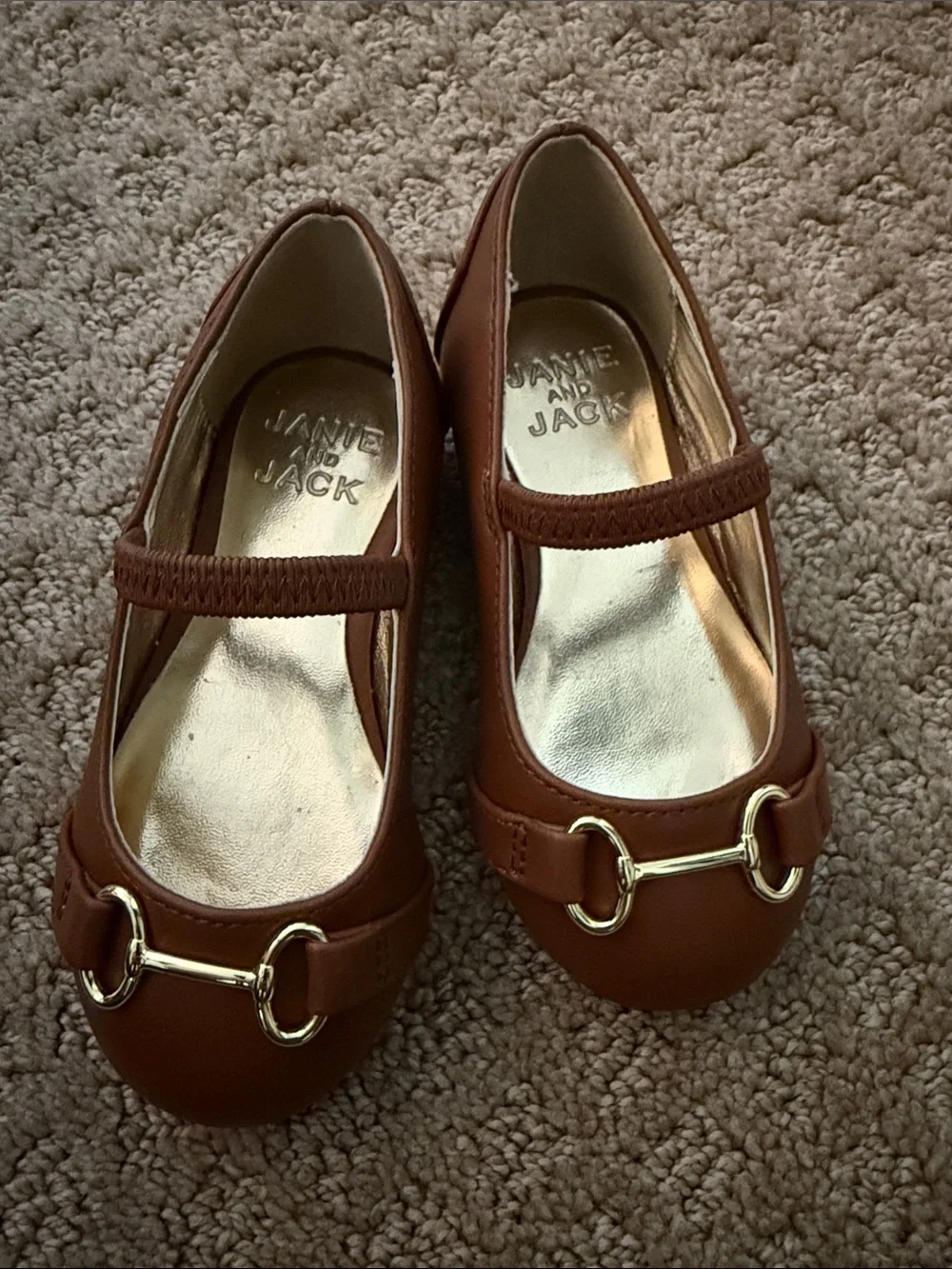 Janie and Jack Girls' Tan Leather Mary Jane Flats with Gold Bit